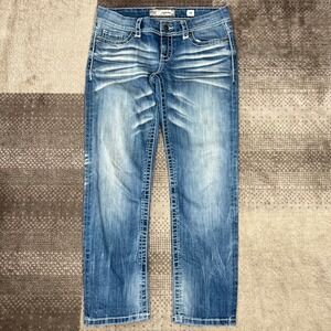 BKE Sabrina Womens Blue Distressed Jeans Size 30 ABK316 Whiskered Thick Stitch